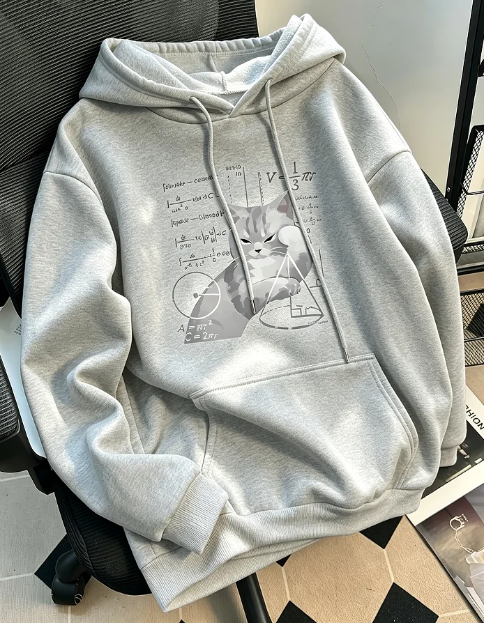 Lustiger Damen-Kapuzenpullover mit langen Ärmeln und Aufdruck "Katze und Mathematische Formel", lockerer, lässiger Alltags-Sweatshirt-Hoodie für Frauen. – Detail 6