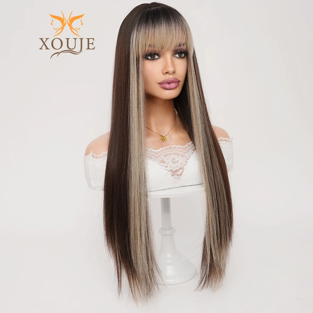 Natural Brown Highlighted Blonde Extra Long Straight Hair with Bangs Suitable for Women Daily Wear Soft Synthetic Hair Suitable