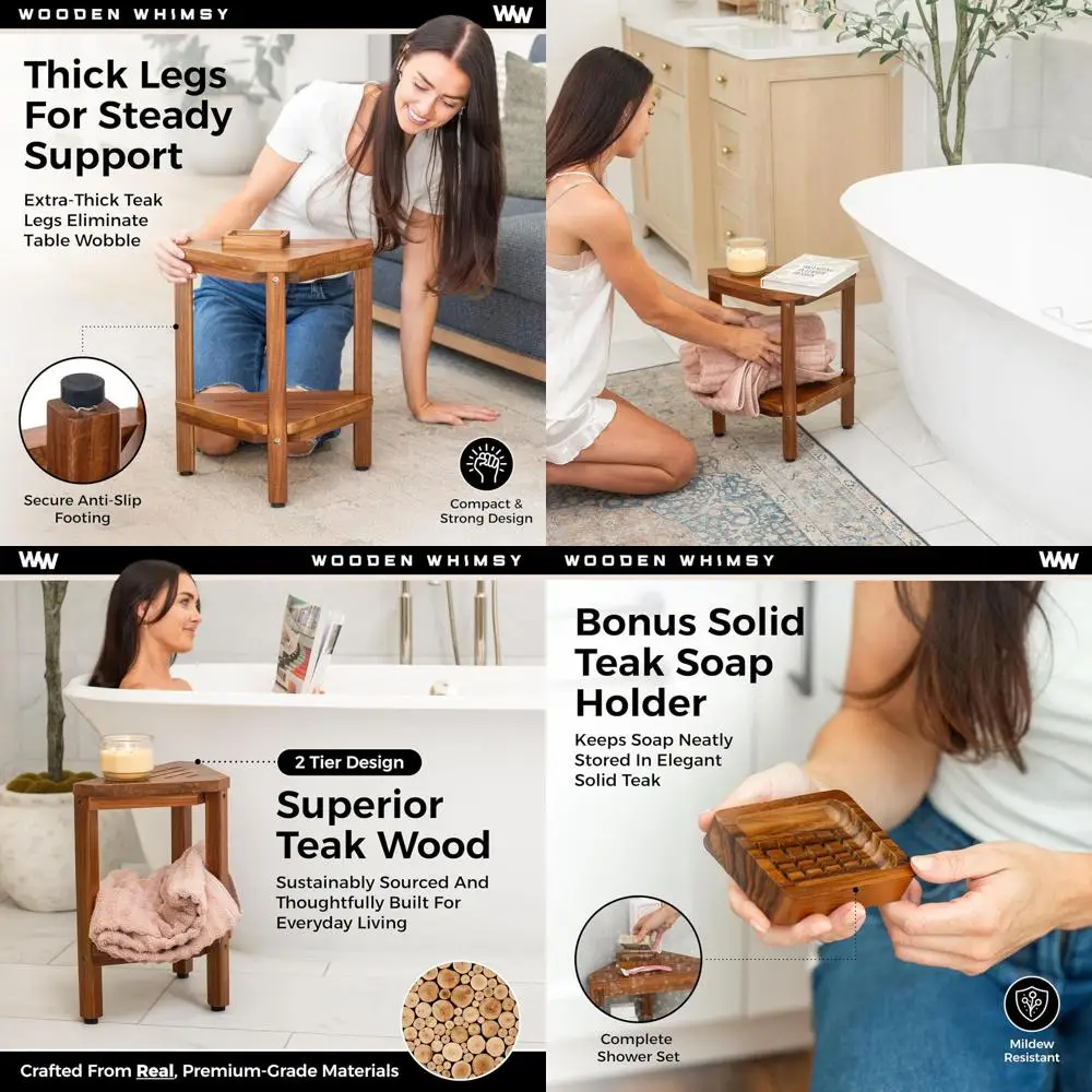 

15 x 15 x 18 Teak Shower Bench with Storage Shelf and Soap Holder - Durable Waterproof Bath Seat for Shaving and Bathing