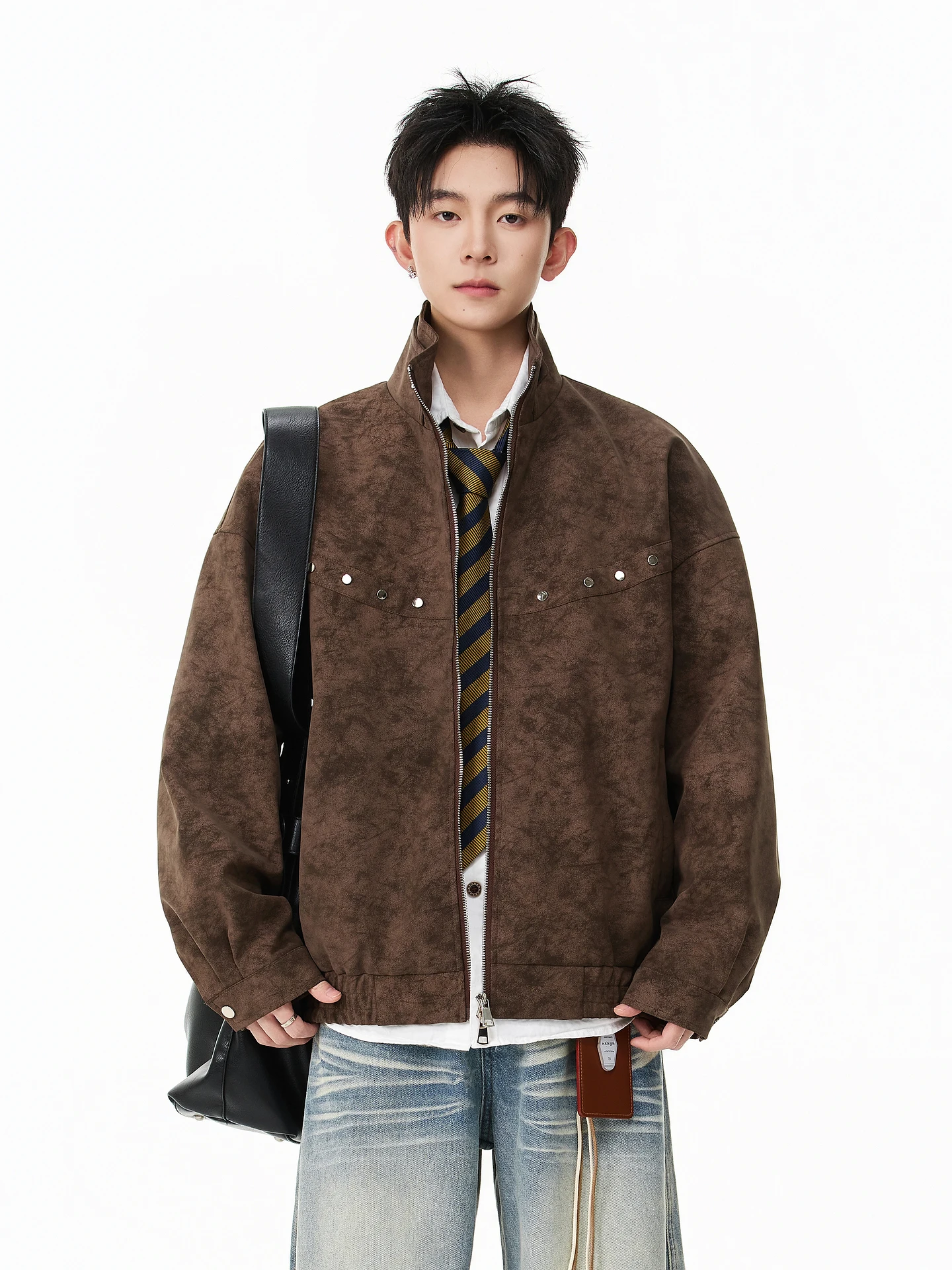 

American Retro Tie Dye Barn Sle Stand Collar Jaet Men's Faion Brand Couple's Motorcycle Clothes Versatile Outerwear