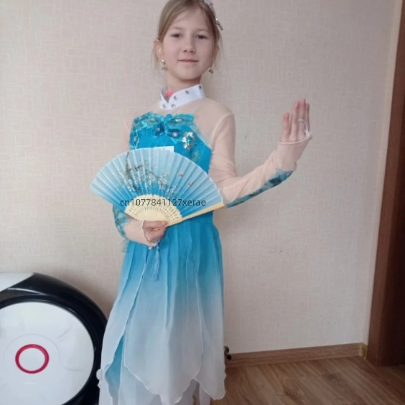 Children's Classical Dance Performance Costumes, Elegant Fan Umbrella Dance for Girls' Yangko, New Ethnic Dance Costumes