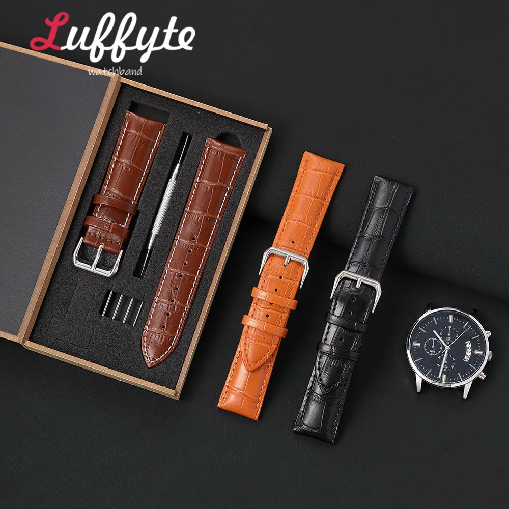 Men Embossed Pattern Wrist Band 16mm 18mm 20mm 22mm 24mm with Gift Packing Box Business Style Synthetic Leather Watch Strap