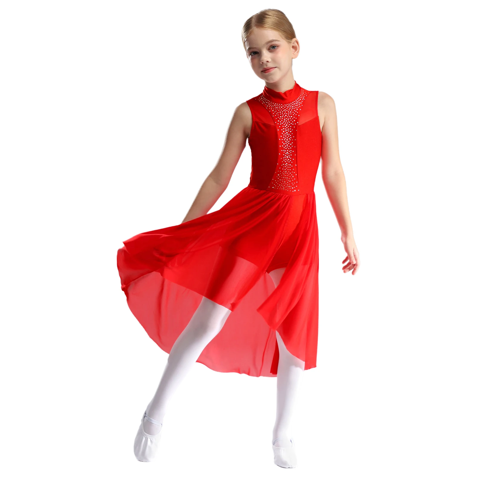 Kids Girls Lyrical Ballet Dance Costume Sleeveless Sparkly Rhinestone Figure Ice Skating Rhythmic Gymnastics Leotard Dress