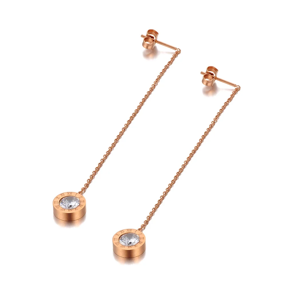 Lokaer Titanium Stainless Steel CZ Crystal Roman Numerals Tassel Earrings Fashion Bohemia Dangle Earrings For Women Girls E20213