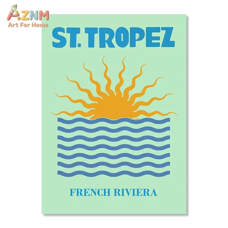 AZNM St.Tropez French Riviera Canvas Print Retro Sun Wave Abstract Light Green Coastal Minimalist Summer Beach Travel Wall Decor