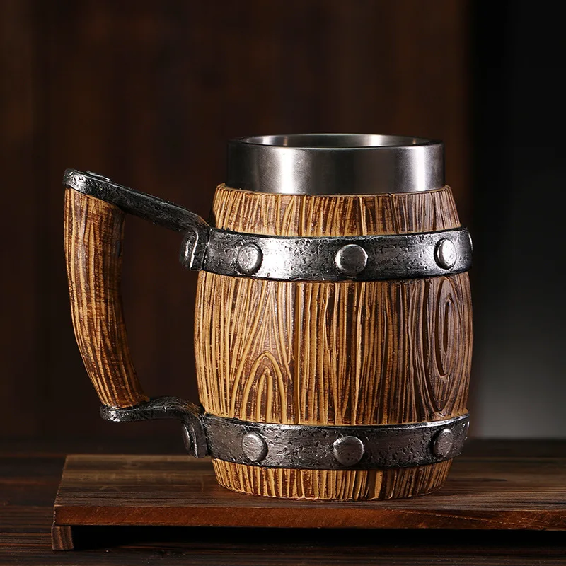 large-capacity 600ml wooden barrel beer mug  personalized  Resin Eco-Friendly Material Goblet Coffee Cup creative stainless ste