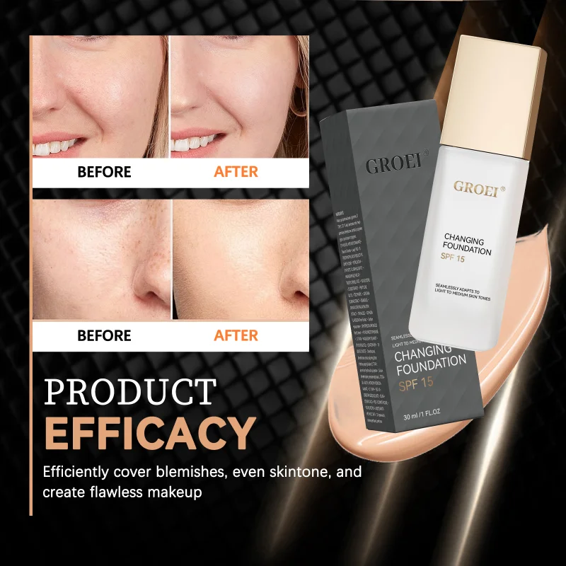 GROEI Changing Foundation FPS 15 - 30ml Maquiagem adaptativa de cor, combina automaticamente seu tom de pele, cobertura leve para manchas e vermelhidão