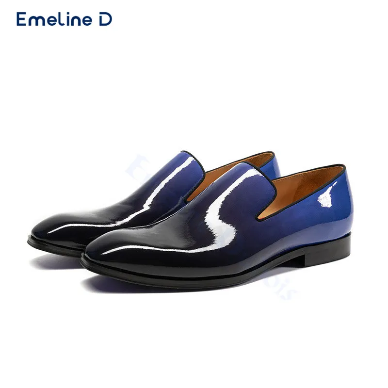 

Black and Blue Gradient Slip-On Loafers Patent Leather Shiny Leather Casual Shoes Large Size Fashion Business Leather Shoes