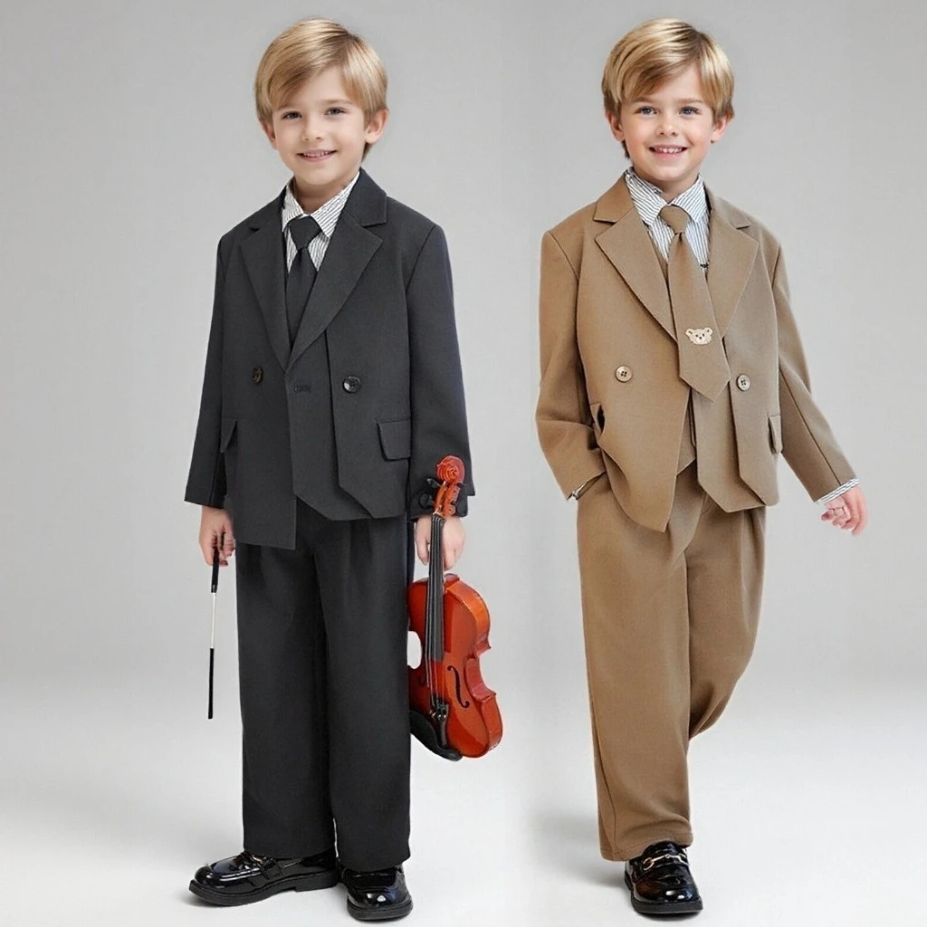 Kids Boys Classic Double Breasted Suit Vest Shirt Tie Wide Leg Pants Formal Wedding Birthday Piano Stage Performance Outfit 10 Y