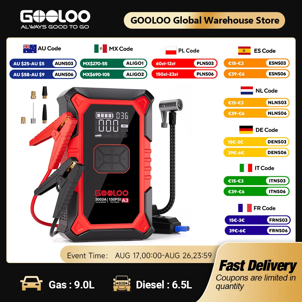 GOOLOO A3 Jump Starter with Air Compressor, 3000A Portable Car Battery Booster (9.0 Gas/6.5L Diesel) with 150PSI Auto-Shutoff Ti
