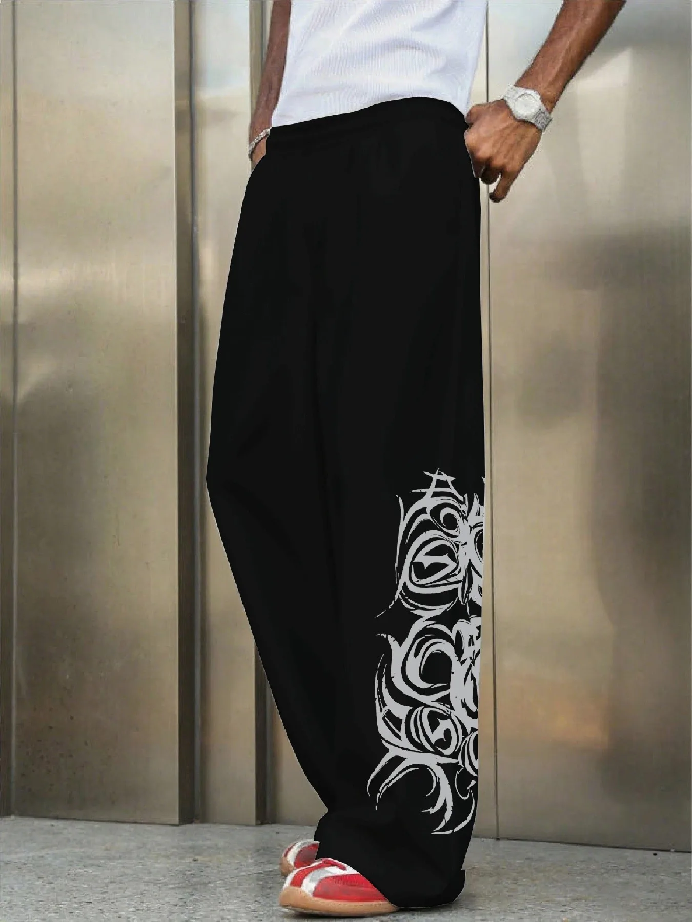 

Men's Black Wide Leg Pants with Gothic Text Print, Oversized Streetwear Joggers, Drop Crotch Trousers for Dark Aesthetic 2025