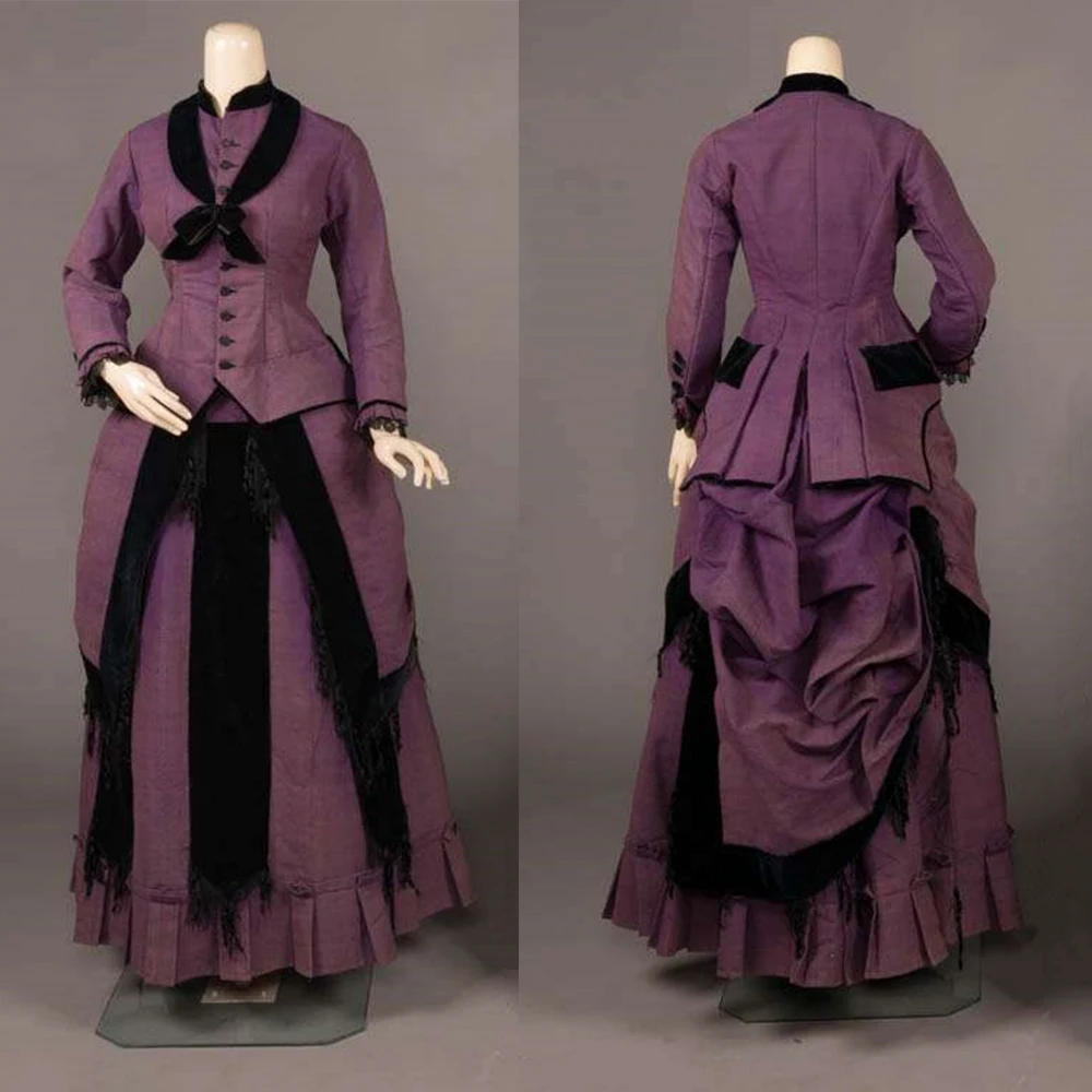 

1880s Afternoon Walking Dress Victorian Georgian Riding Habit Costume Renaissance Colonial Purple Ruffle Bustle Ball Gown