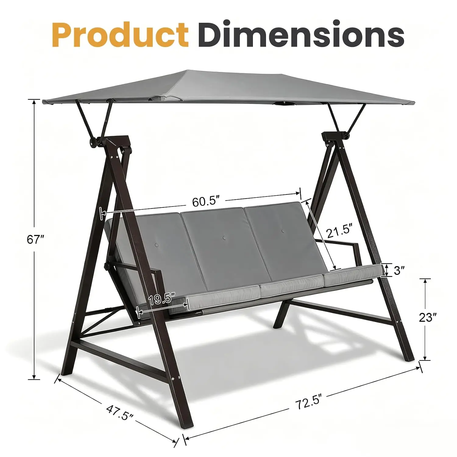 3 Person Patio Swing with Canopy, All Weather Porch Swings with Stand, 600lbs Heavy Duty Outdoor Swings with, Customized