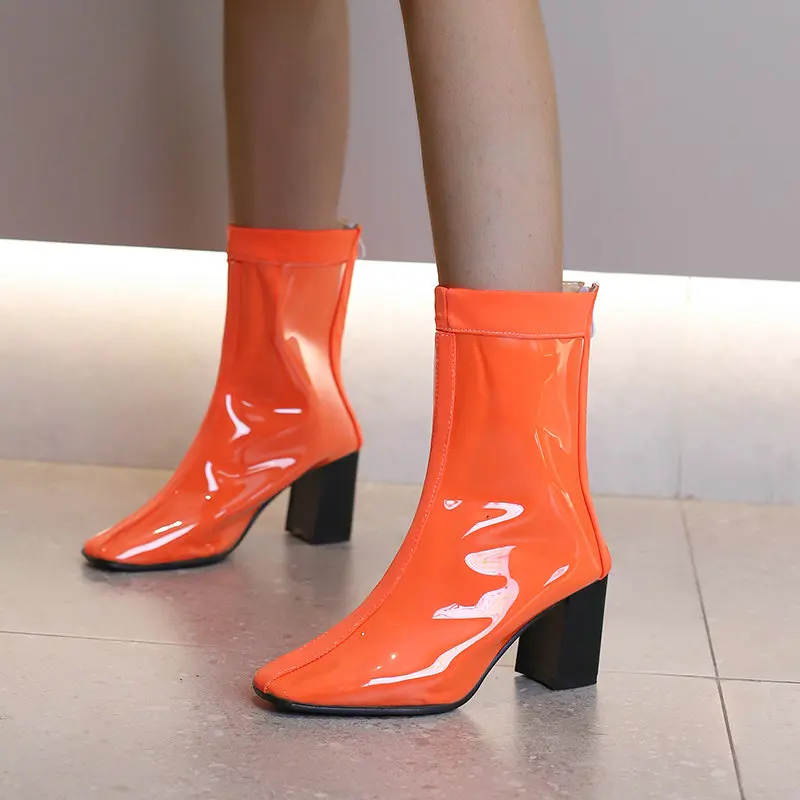 Bright Neon Yellow Orange Color PVC Ankle Boots For Women Large Size 46 47 48 13 Zip Up Square Chunky High Heels Fashion Shoes