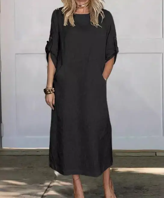 

Summer Breathable New Women's Cotton and Linen Solid Color Casual Round Neck Double-Sided Pocket Long Skirt