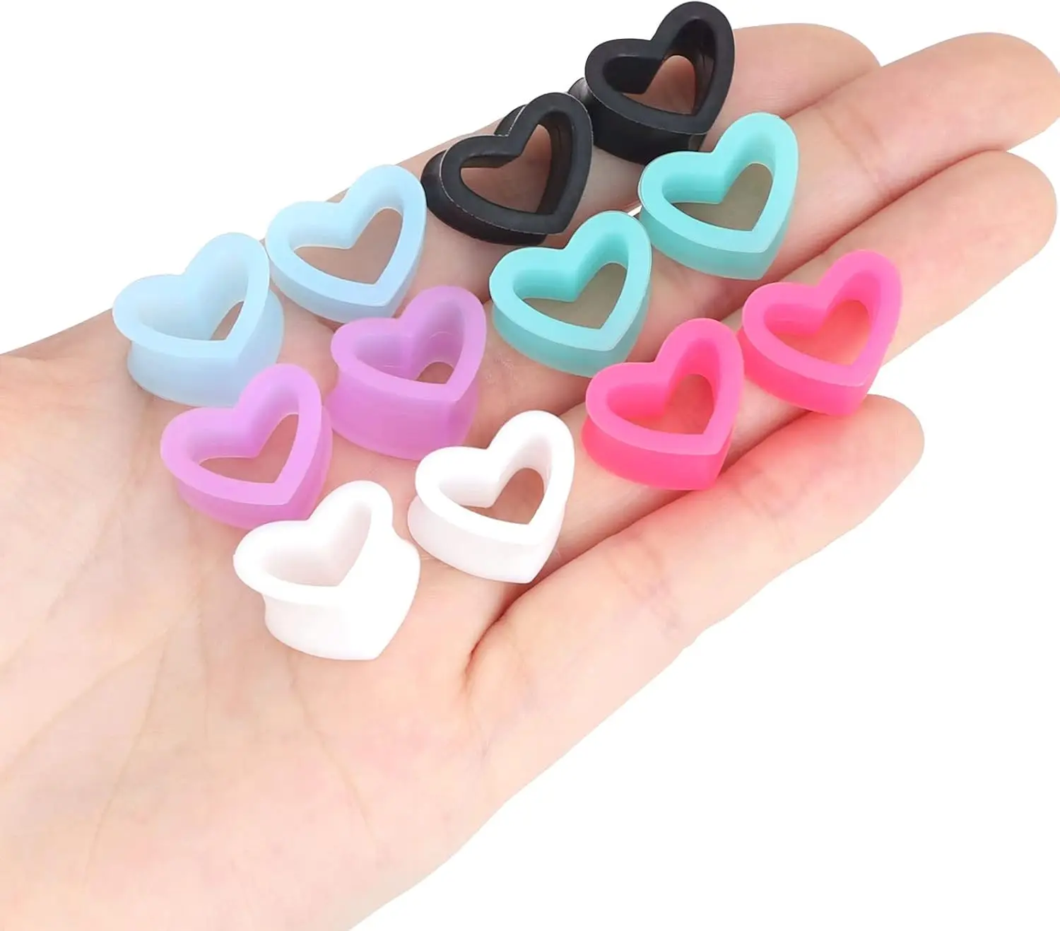 6 Pairs Heart Shape Silicone Tunnels Piercing Flexible Double Flared Ear Gauges 2g-1 inch