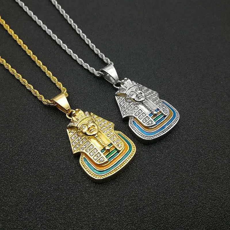 

Inlay White Zircon Gold Color Stainless Steel Necklace For Men Egyptian Jewelry Egyptian Iced Out Bling Pharaoh Pendant Necklace