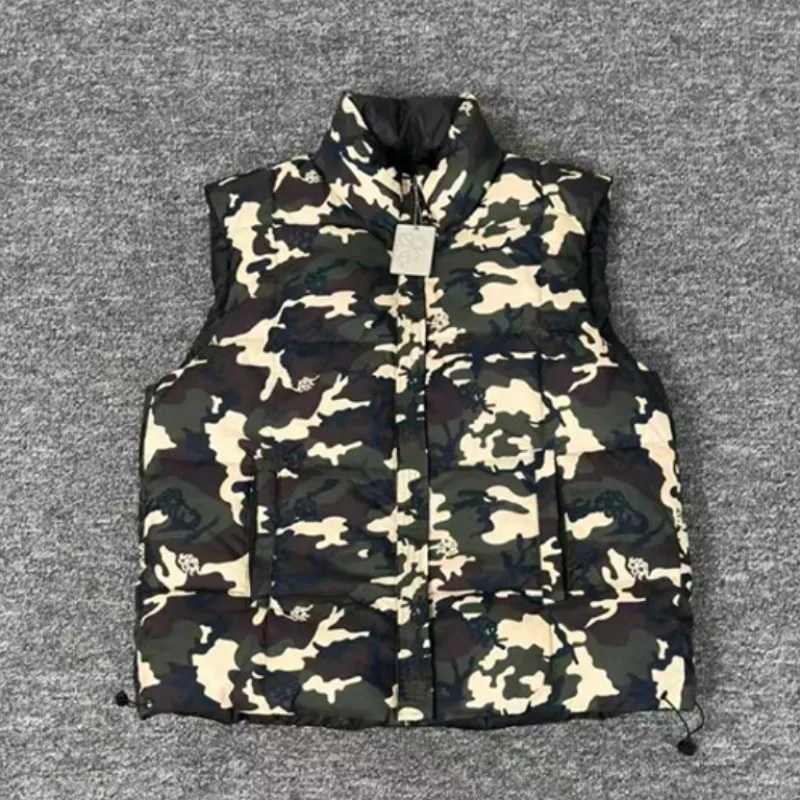 New Mertre Unisex Vest, Reversible Vintage Camo Stand Collar Zip Padded Vest Drawstring Bottom Warm Street Waistcoat