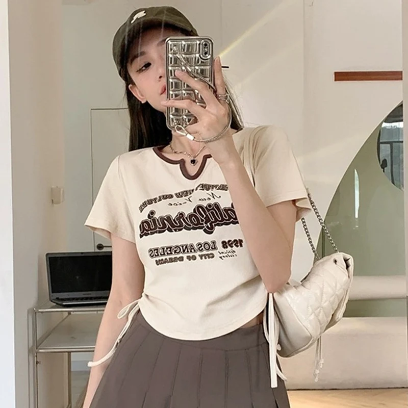 Summer Women Letter Printing V-neck Tops Lady Drawstring Tie Up Short sleeved T-shirt Female Comfortabl Korean Designer Clothes