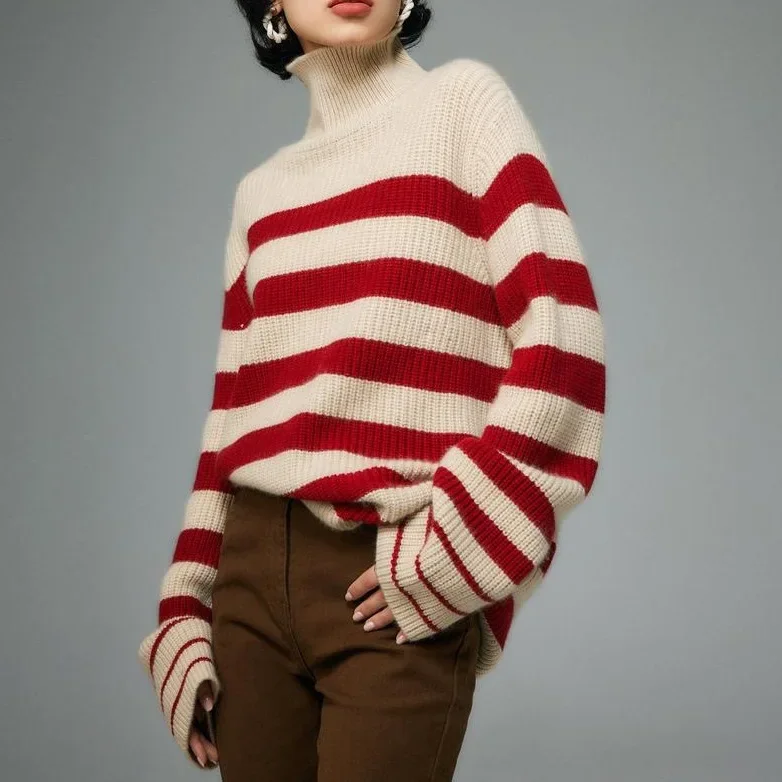 Women Sweaters Striped Jumpers Long Sleeve Turtleneck Knitted Pullovers Patchwork Loose Elegant High Street Slight Strech