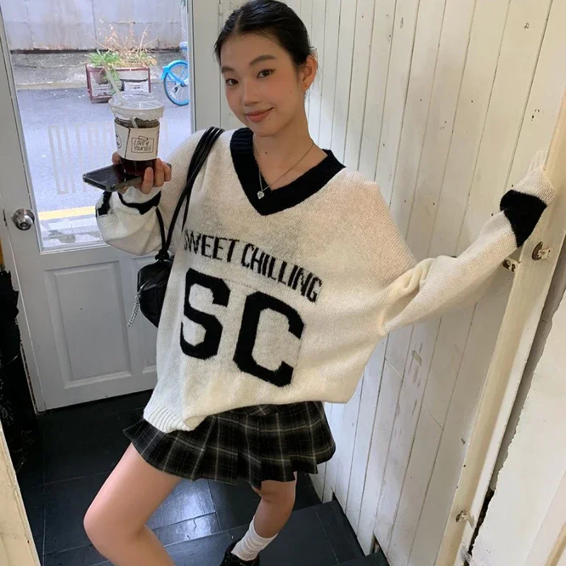 Deeptown Vintage Letter Sweaters Women White Preppy Style Knitted Pullovers American Retro Autumn Winter Long Sleeve Sweaters