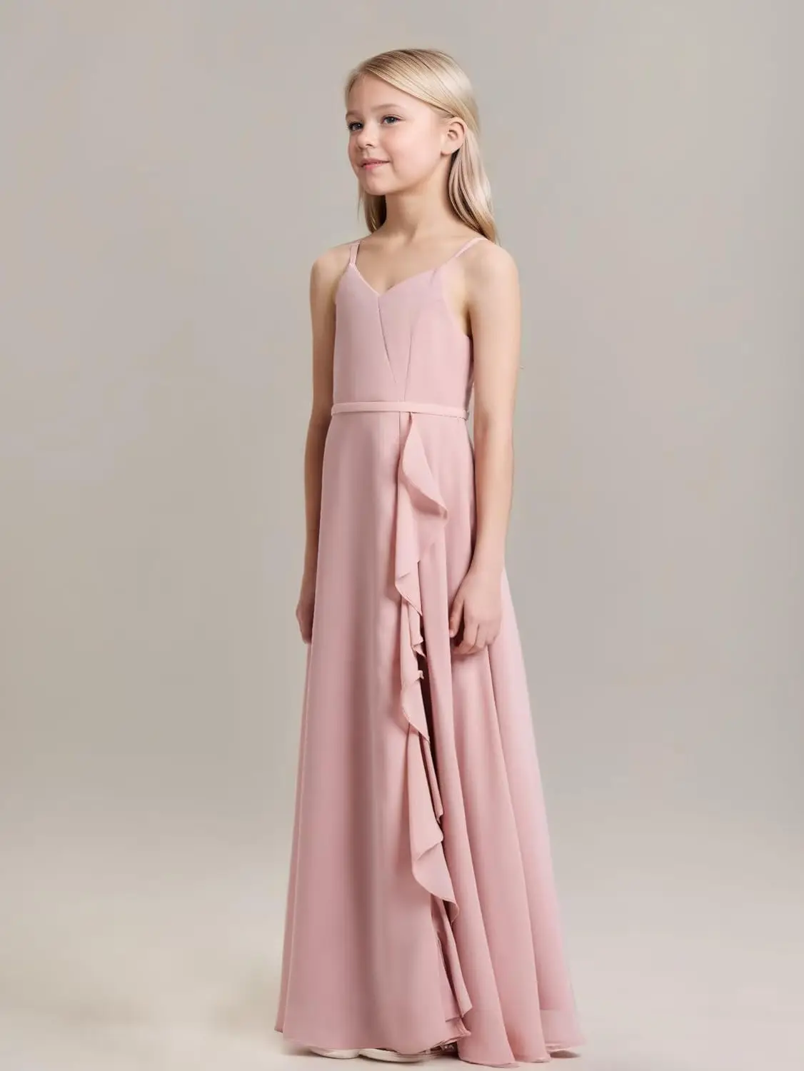 십대 소녀들을 위한 스파게티 스트랩이 있는 우아한 A라인 주니어 신부 들러리 드레스 사이드 슬릿이 있는 꽃무늬 웨딩 파티 드레스