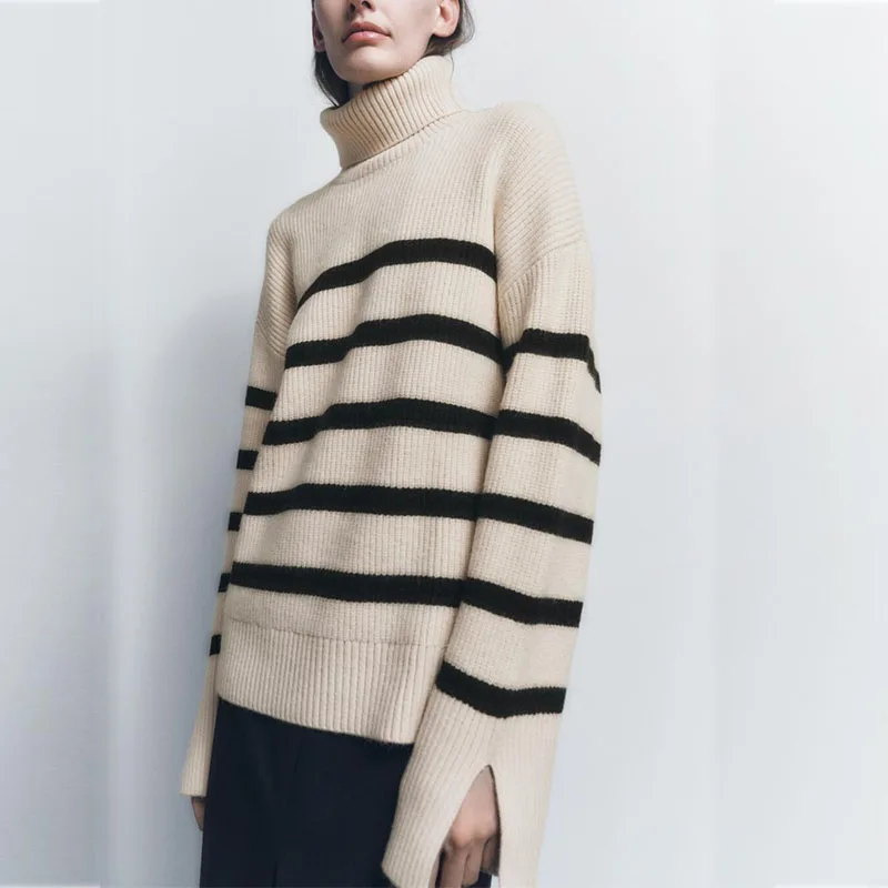 Autumn and Winter New Pullover Turtleneck Striped Sweater Thick Warm Long-sleeved Bottoming Sweater Women