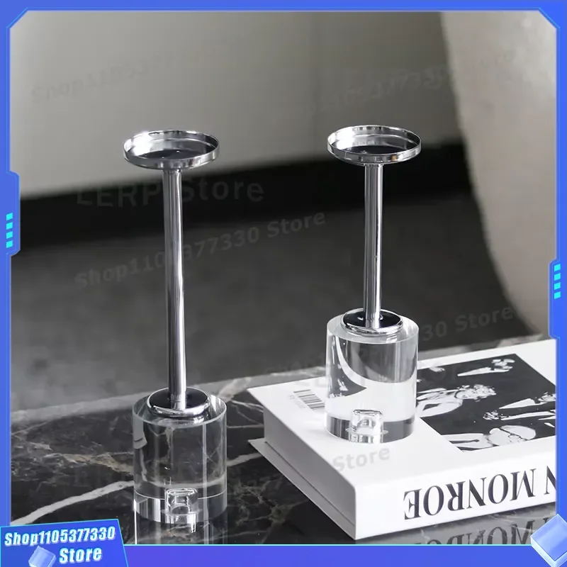 Modern Simple Metal Candlestick Holder with Artificial Crystal Base Luxury Cylindrical Ornament for Home Hotel Decor Art