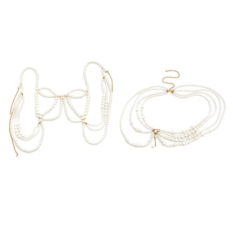 Sujetador de cadena de cuerpo de perlas Sexy y parte inferior, Bikinis de perlas, cadena de sujetador de perlas, cadena de pecho, cadena de cintura de perlas, joyería corporal