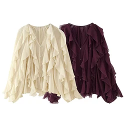 YENKYE New 2025 Women Sexy Semi-sheer Ruffle Shirt Long Sleeve V Neck Front Button Autumn Blouse Burgundy Blusas Mujer