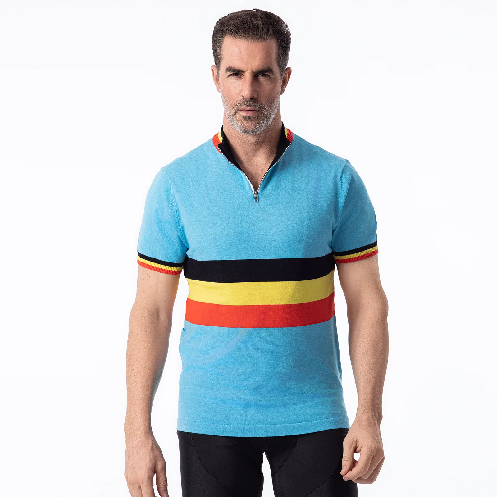 

Classics Retro Merino Wool Blue Cycling Jersey Short Sleeve Bike Wear Top Belgium