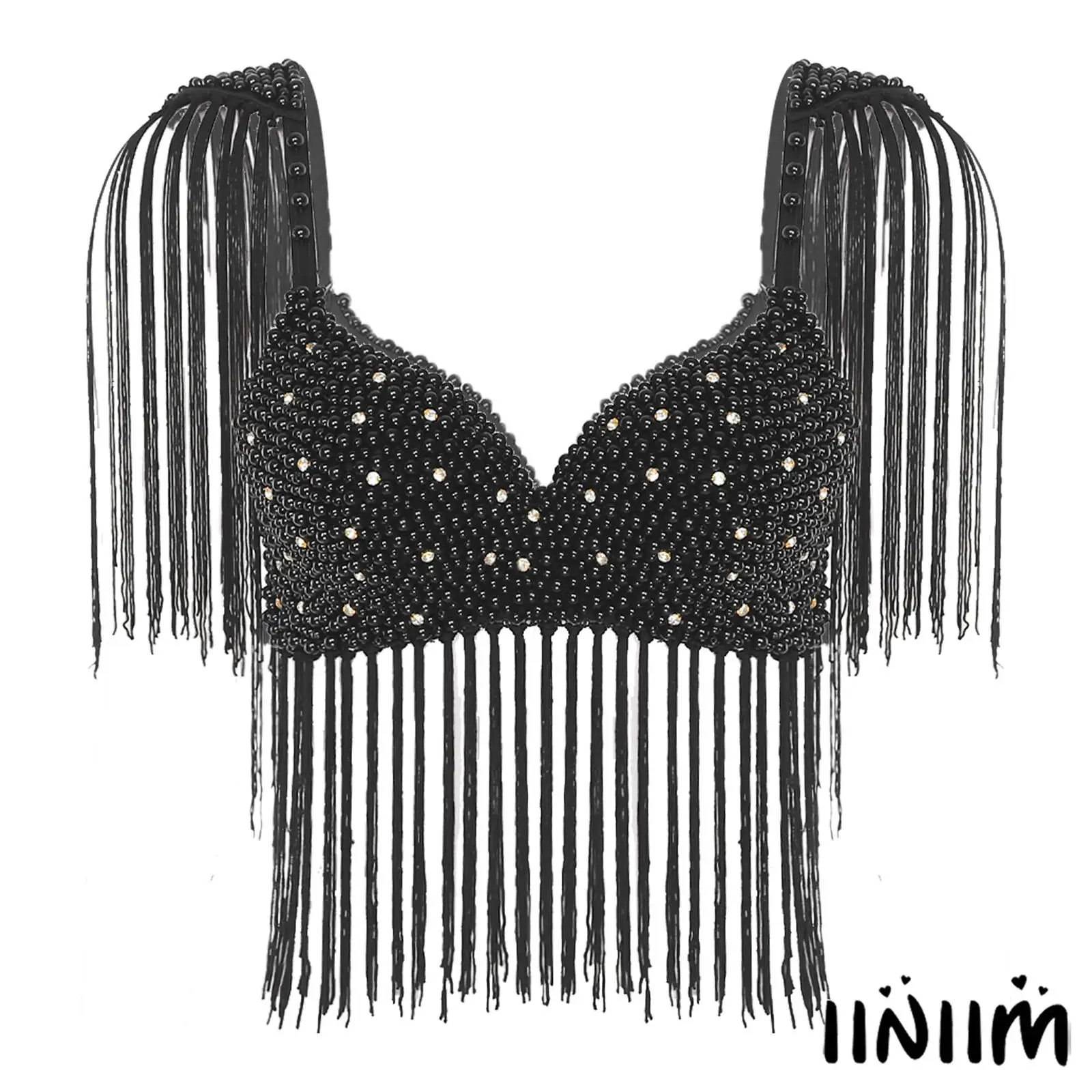 

Womens Belly Dance Fringe Bra Allover Plastic Beads Tassel Trim Push-up Bra Top with Shoulder Boards Modern Latin Dance Costume