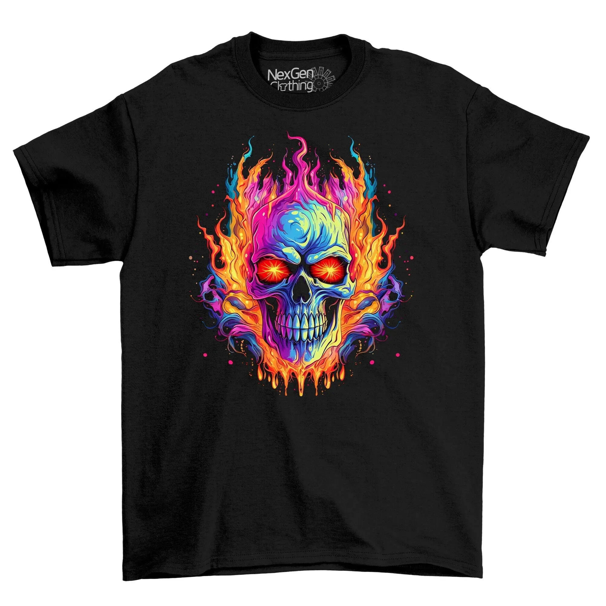 Neon Goth Skull Flames T Shirt Top Men s Black Cotton Mens Fantasy Dark