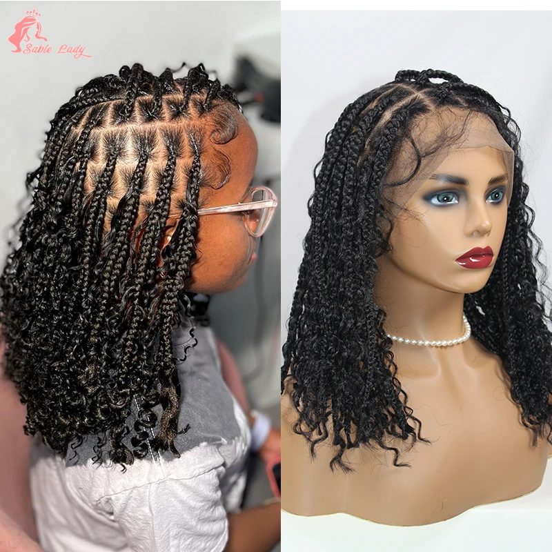 Sintético curto Bob trançando perucas de cabelo, sem nós, trançado, deusa, boêmio, encaracolado, transparente, caixa cheia, 12"