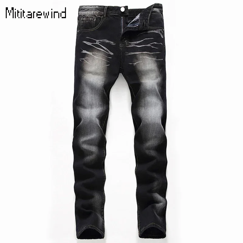 

Мужские потертые черные джинсы High Street, повседневные хлопковые прямые узкие джинсы полной длины, винтажные мужские брюки Y2k, уличная одежда