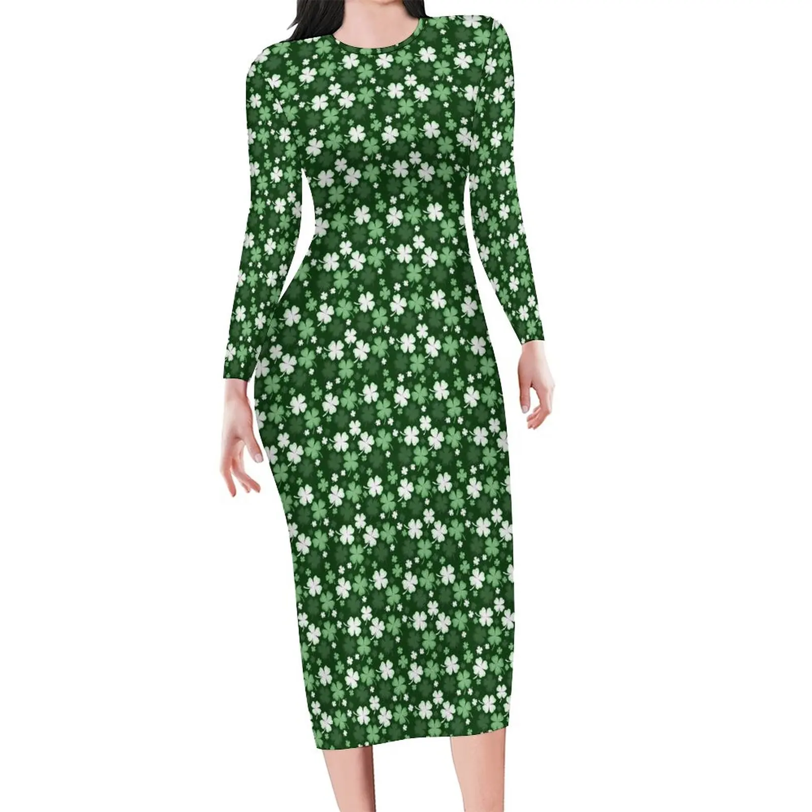 Green Shamrock Bodycon Dress Female St Patricks Day Dresses Spring Long Sleeve Korean Fashion Graphic Dress Big Size 4XL 5XL