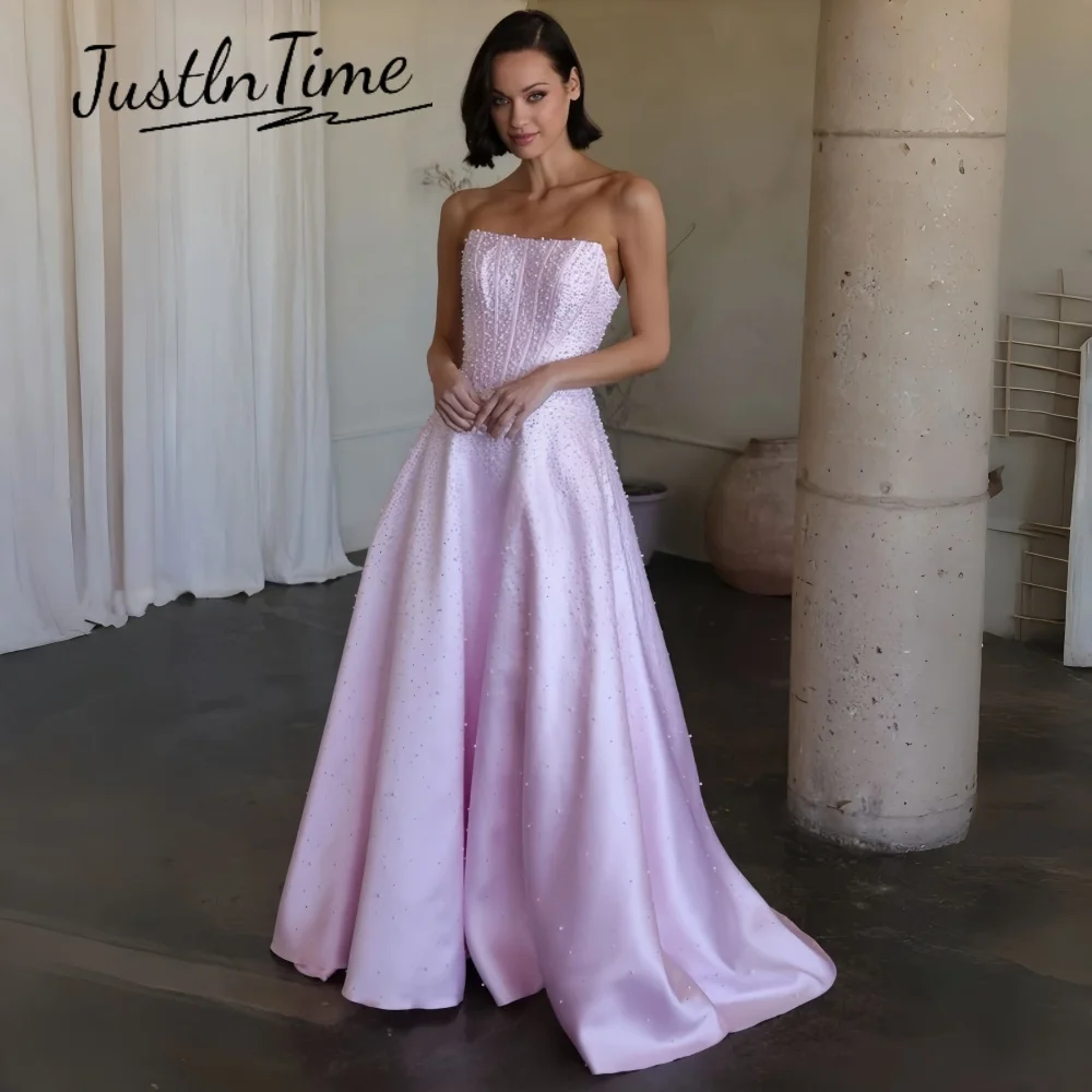 JUSTLNTIME Modern Elegant Strapless Sleeveless A-Line Evening Dress Beading Lace Up 2026 Party Gown Customized Vestido De Festa