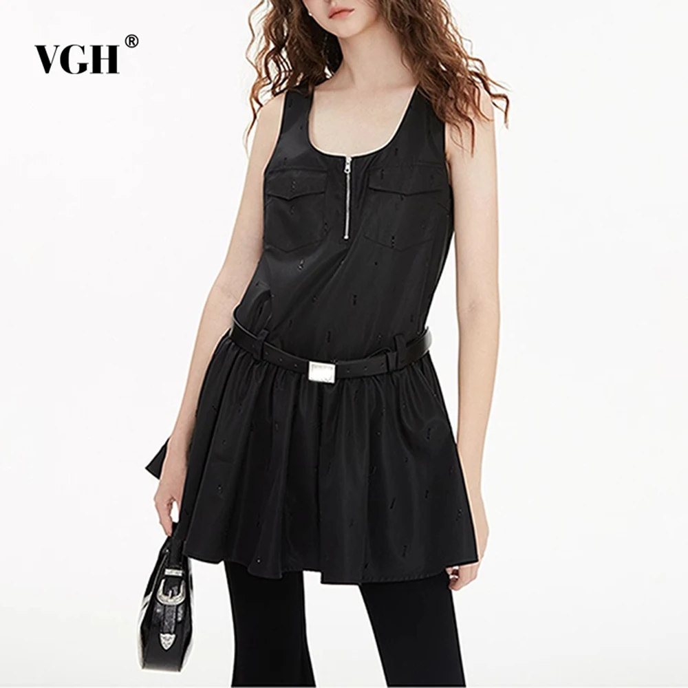 

VGH Solid Designer Spliced Belt Slimming Dresses For Women Square Collar Sleeveless High Waist Casual Dress Female Fashion New