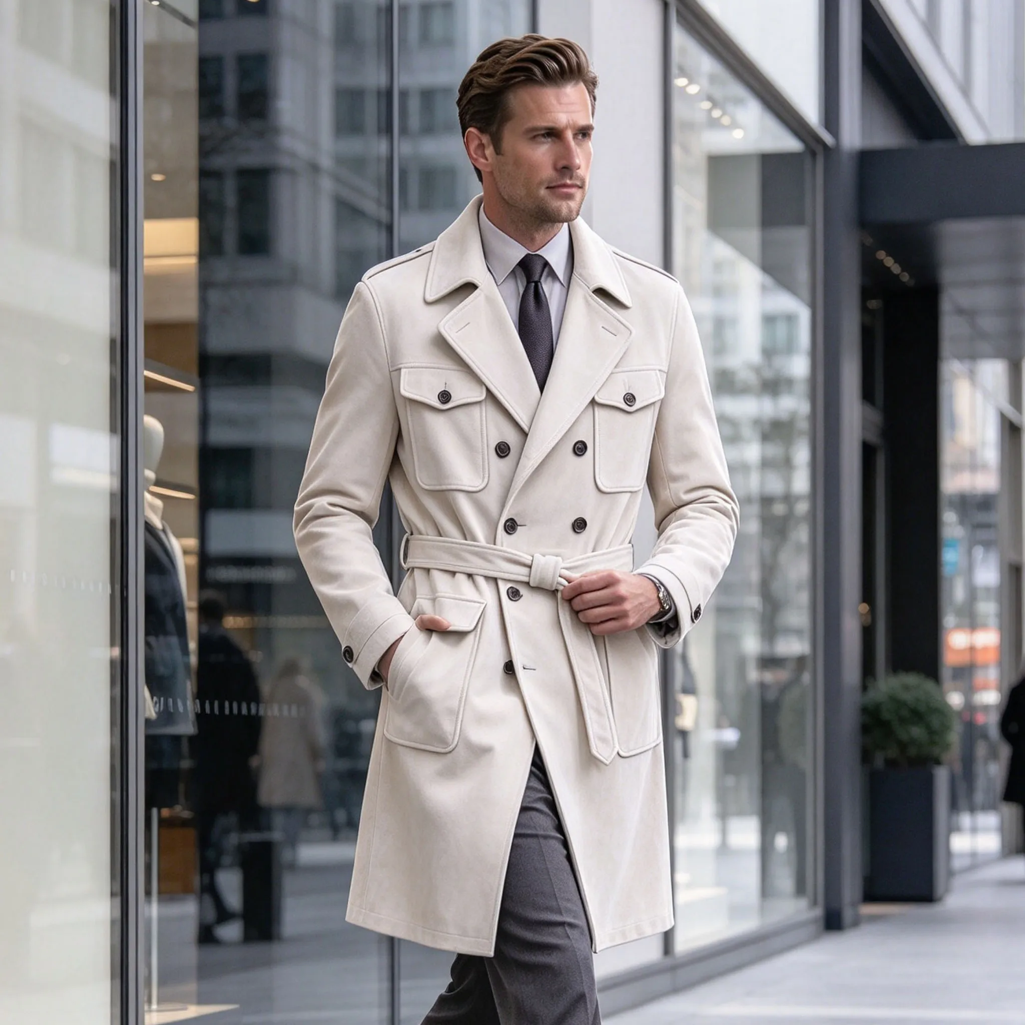 Elegant Men's Suede Belted Trench Coat Double Breasted Multi Flap Pockets Safari Style Formal Mid Long Overcoat Business Casual