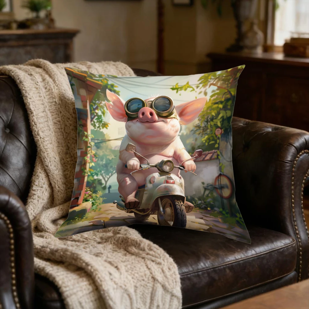 Cartoon Pig Riding Scooter Cushion Cover Pink Green Vintage Art Soft Fabric for Sofa Bed Living Room Home Decor