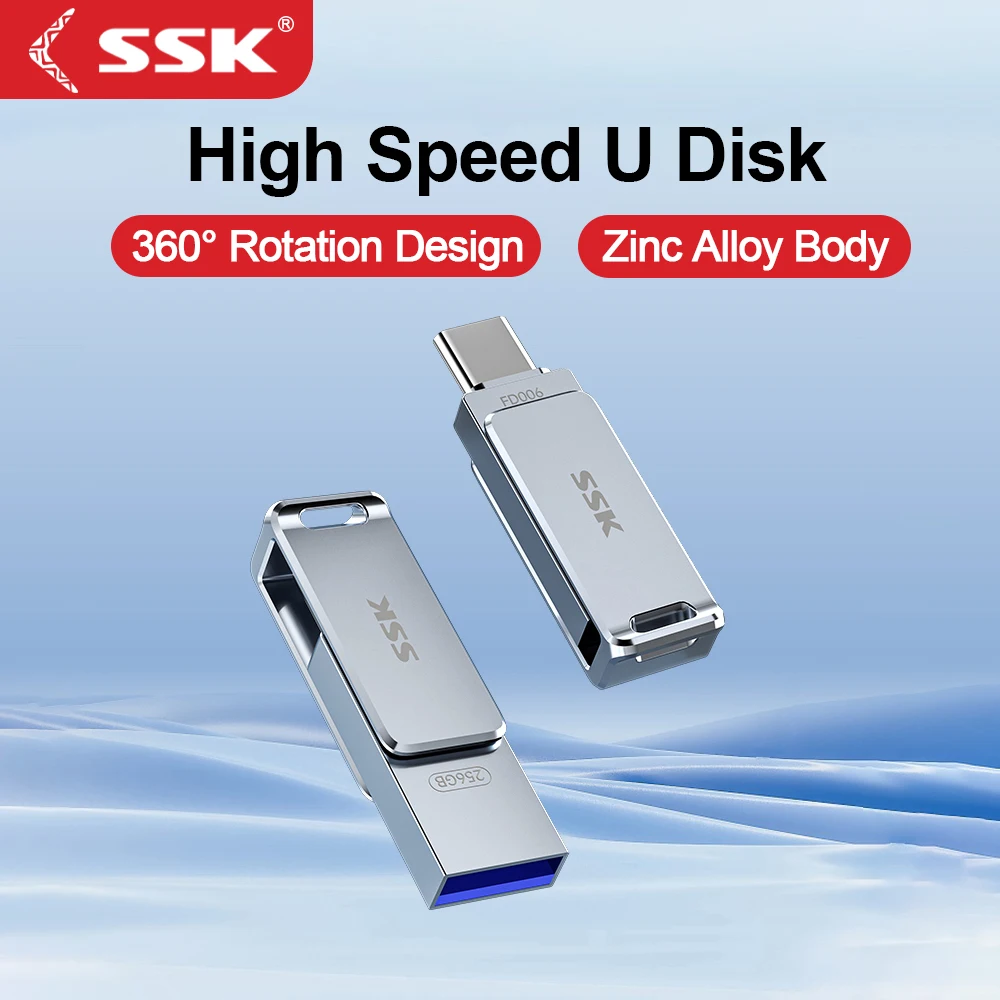 SSK Type-C USB 3.2 Pen Drive USB Stick Высокоскоростная передача Металлический USB 2-в-1 Портативный SSD Pendrive Cle U Disk Флэш-накопитель Memoria