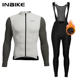 INBIKE Winter Cycling Sets Men Fleece Bike Top Jersey Long Sleeve Bib Pants for Riding Suits with Pockets Men's Cycling Clothing
