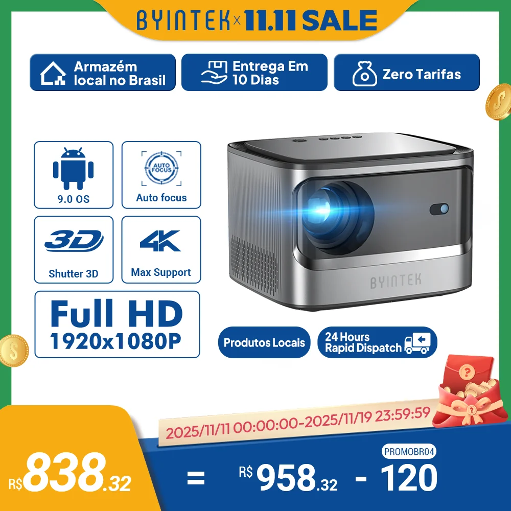 BYINTEK X25 Proiettore Full HD 1080P 4K Video 900Ansi Messa a fuoco automatica WiFi Smart Android 9.0 LCD LED Video Proiettori Home Theater