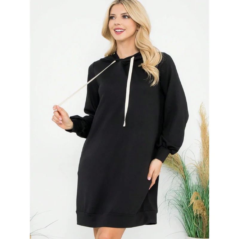 

YQ1-New Women's Fashion Casual Style Versatile Autumn Winter Mid-Length Loose Drawstring Hooded Sweatshirt Dress