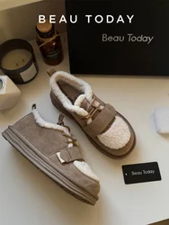 BEAUTODAY Furry Shoes Women Cow Suede Leather Flats Round Toe Hook & Loop Lace-Up Winter Ladies LLoafers Handmade A27843