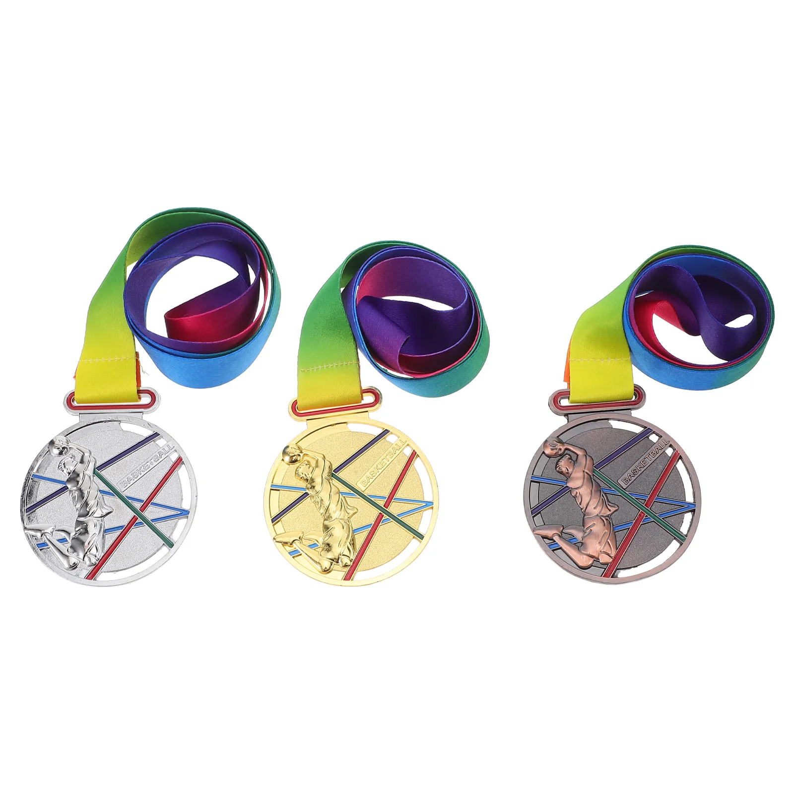 

3Pcs Basketball Medals Golden Silver Bronze Alloy Winner Medals Neck Ribbon School Sports Competition Kids Awards