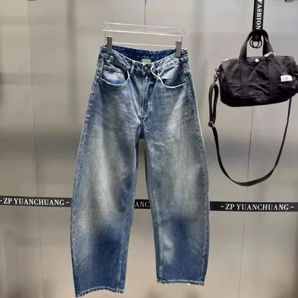 

Мужские джинсы прямого кроя в стиле ретро, синие, широкие штанины, свободные, класса люкс, модные повседневные брюки прямого кроя