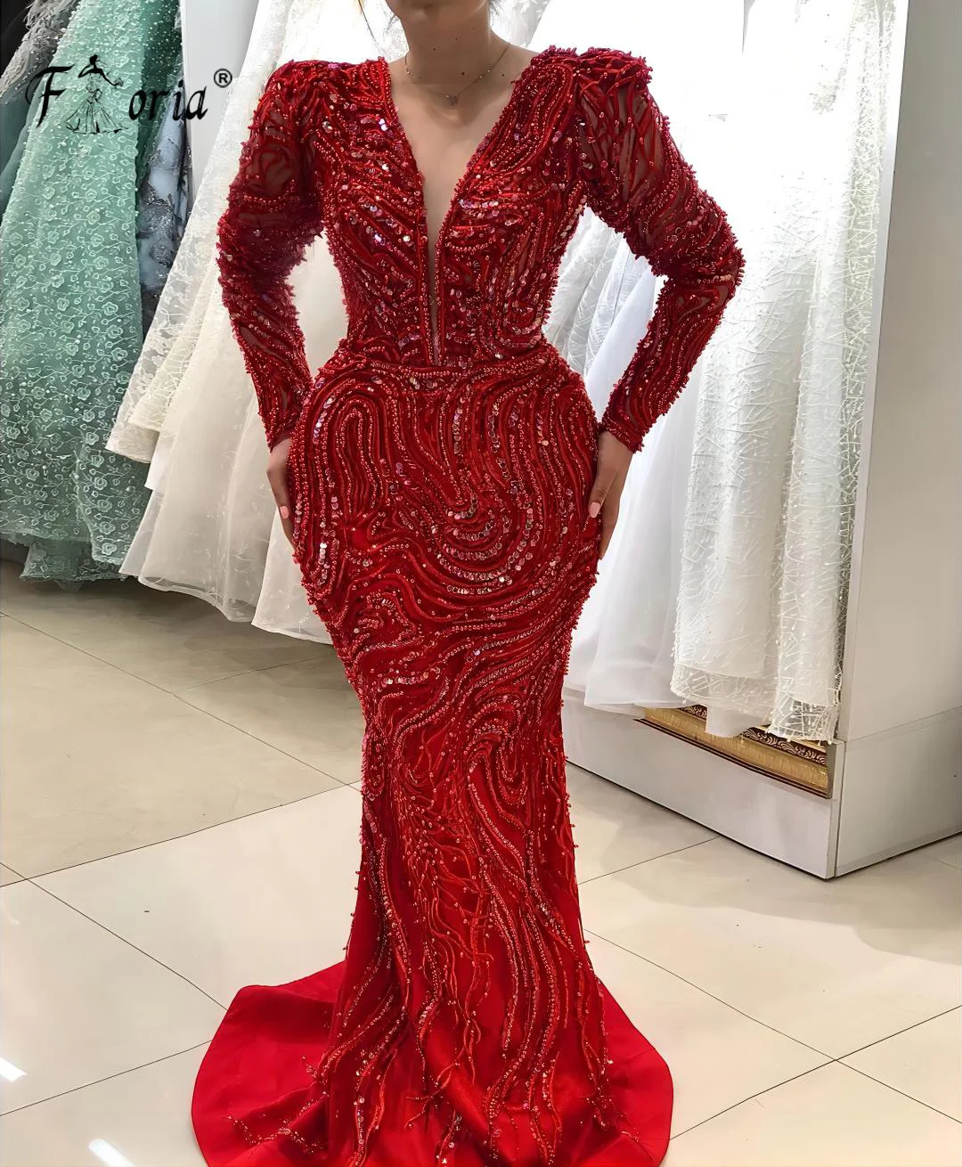 Formal Occasion Red Long Sleeves Mermaid Evening Dress Pearls Beads Wedding Party Gowns Robe de soiree Elegant Prom Dresses New