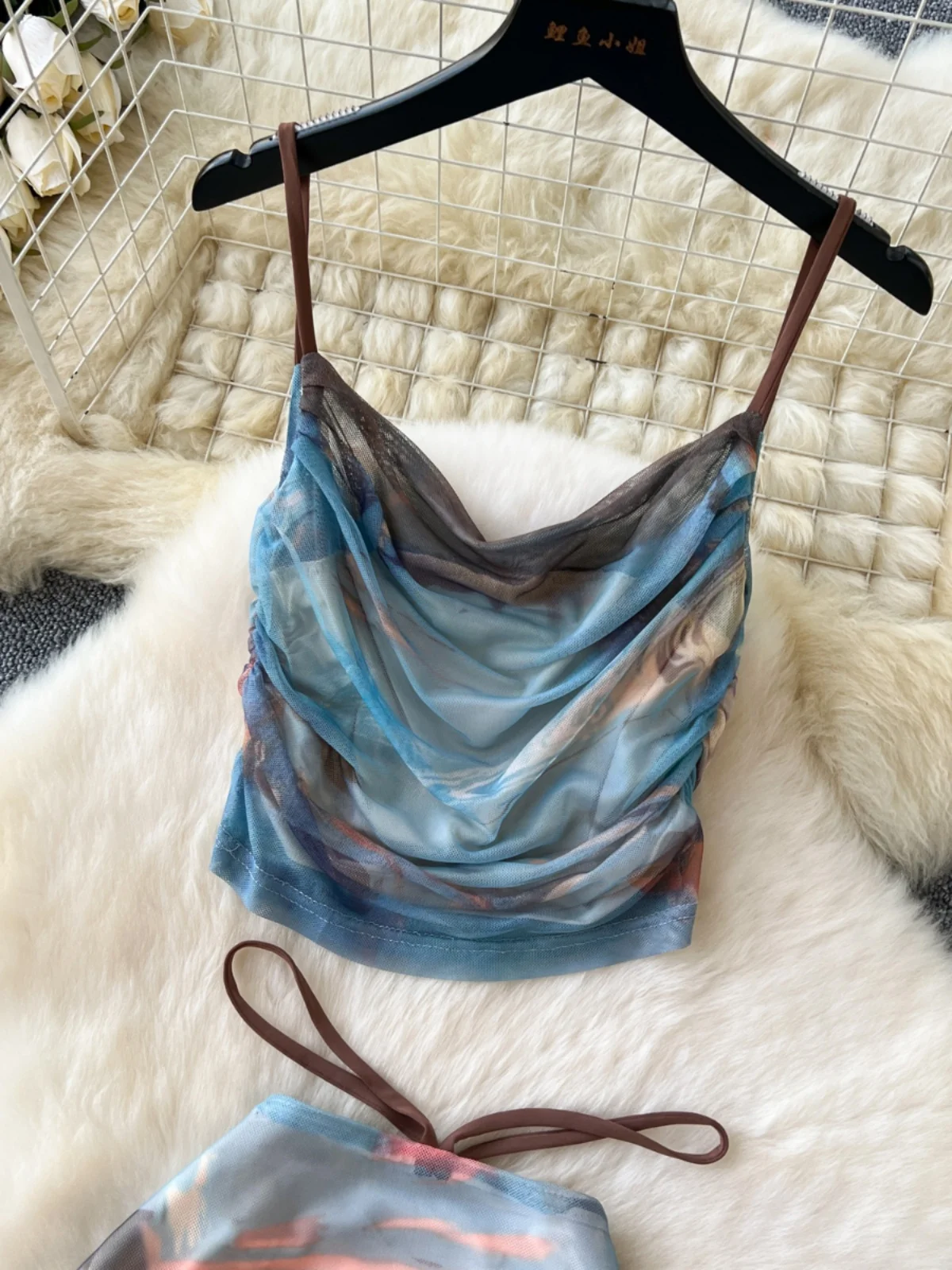 Conjunto de Moda Fena Pure Desire Vaion: Top Curto com Alças e Saia Midi Psada de Malha Justa de Cintura Alta com D...