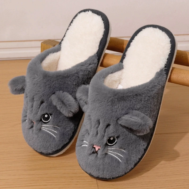 Cartoon Cat Home Slippers for Women Indoor Soft Bottom Flat Heel Cotton Slippers Woman Light Anti Slip Warm Winter Shoes Mujer